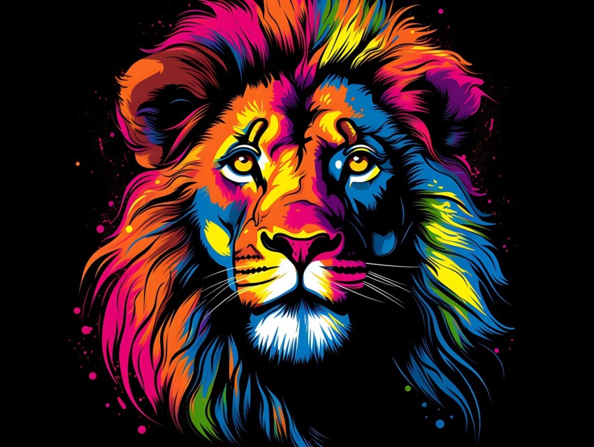 Colorful Lion Face Head Vivid Colors Pop Art Vector Illustrations Black Background (376)