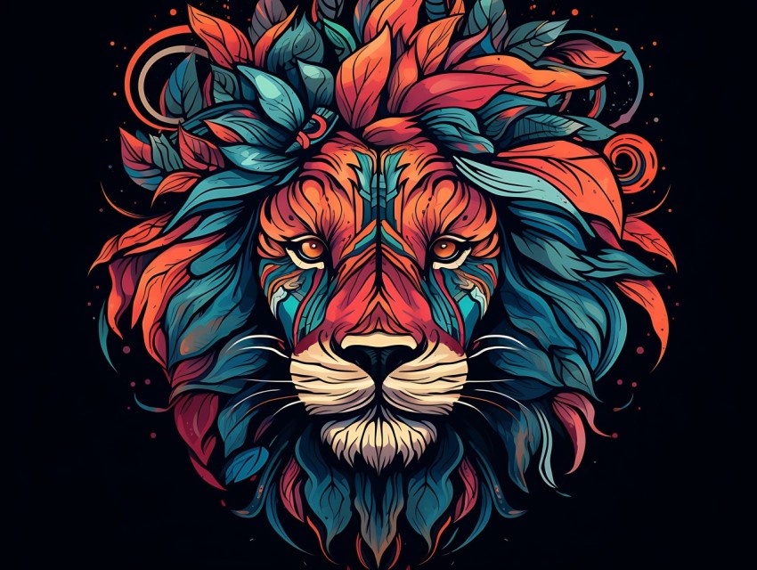 Colorful Lion Face Head Vivid Colors Pop Art Vector Illustrations Black Background (365)
