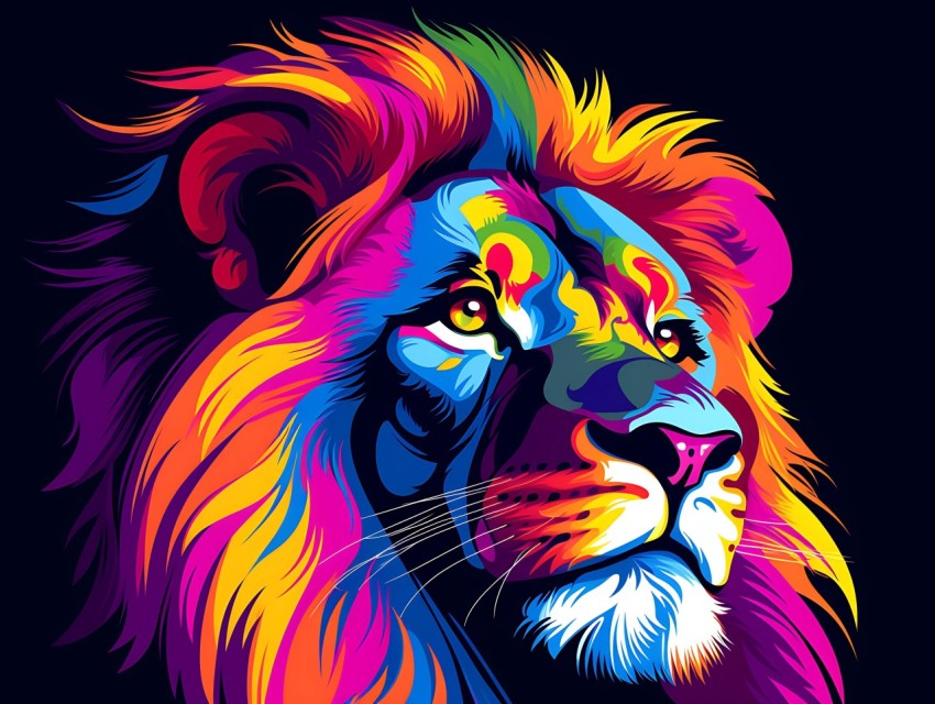 Colorful Lion Face Head Vivid Colors Pop Art Vector Illustrations Black Background (356)