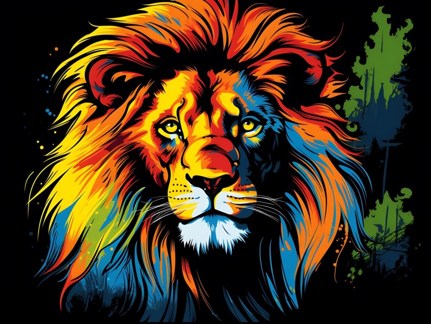 Colorful Lion Face Head Vivid Colors Pop Art Vector Illustrations Black Background (391)