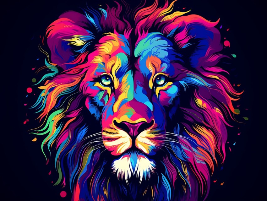 Colorful Lion Face Head Vivid Colors Pop Art Vector Illustrations Black Background (398)