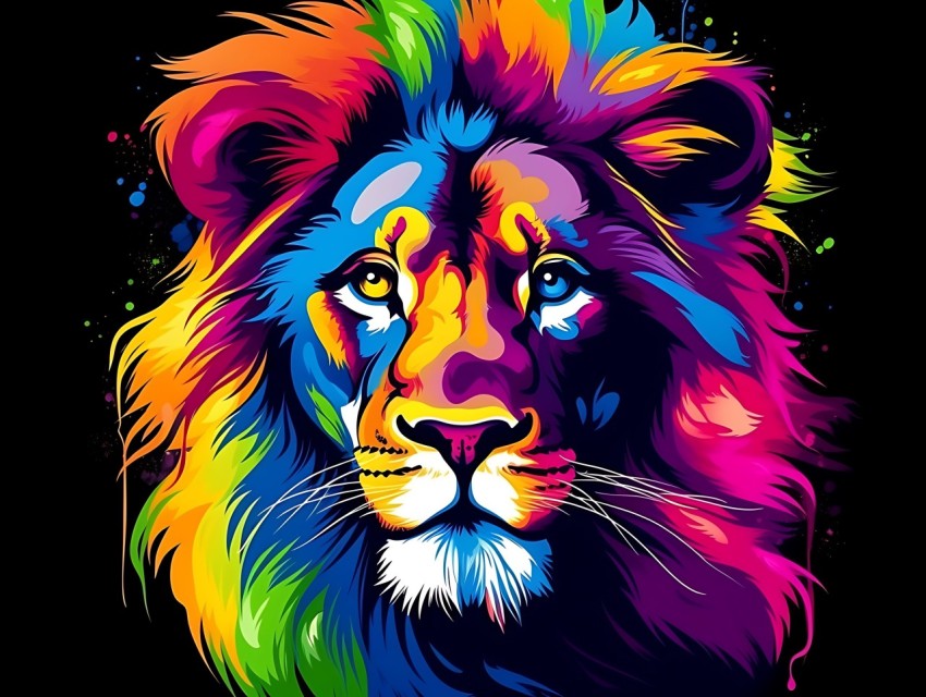 Colorful Lion Face Head Vivid Colors Pop Art Vector Illustrations Black Background (368)