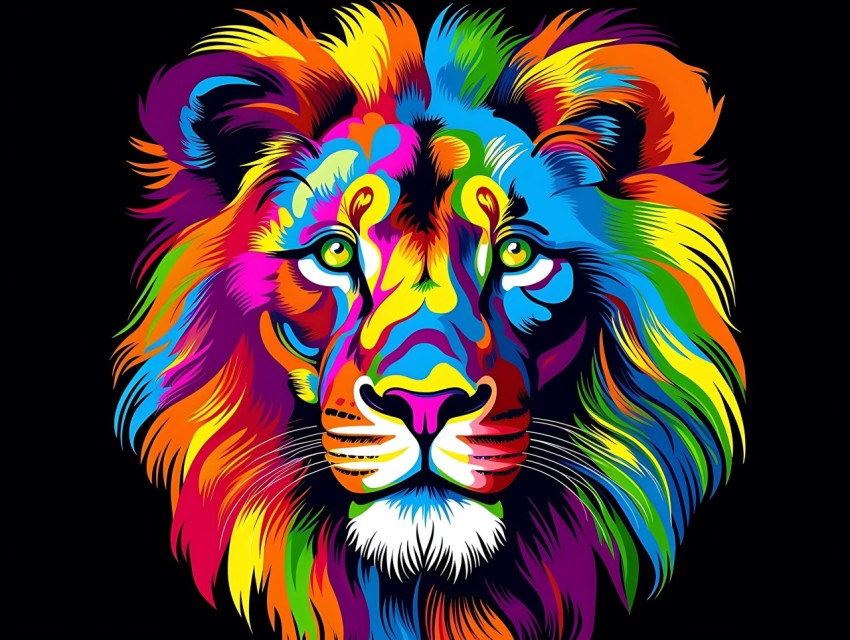 Colorful Lion Face Head Vivid Colors Pop Art Vector Illustrations Black Background (380)