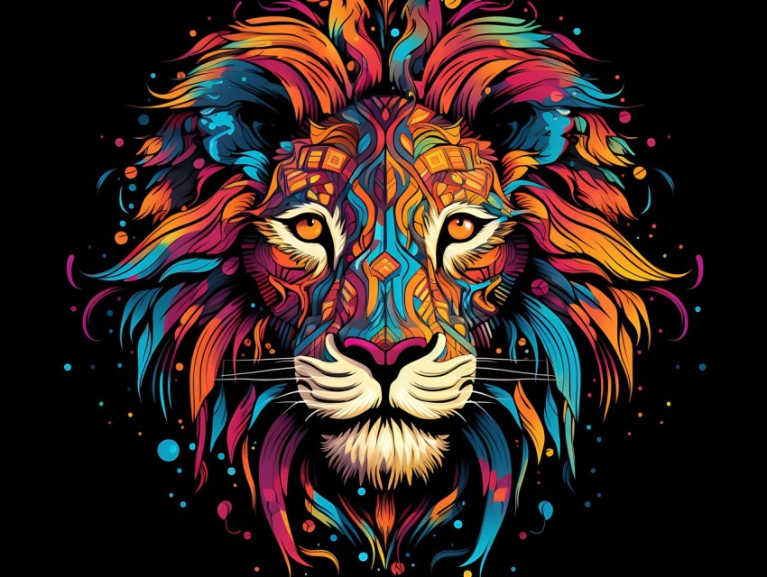 Colorful Lion Face Head Vivid Colors Pop Art Vector Illustrations Black Background (359)