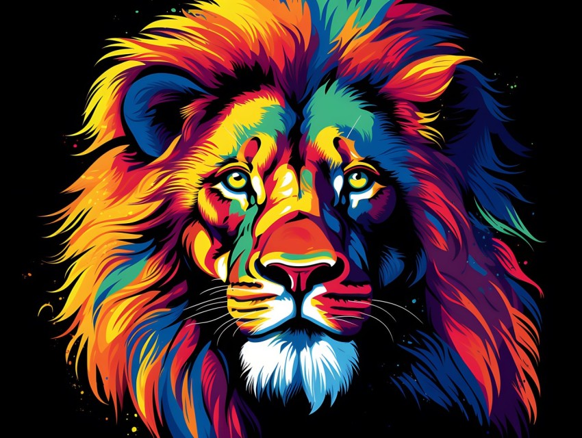 Colorful Lion Face Head Vivid Colors Pop Art Vector Illustrations Black Background (389)