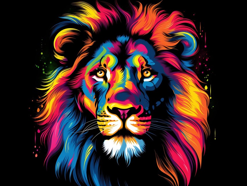Colorful Lion Face Head Vivid Colors Pop Art Vector Illustrations Black Background (397)