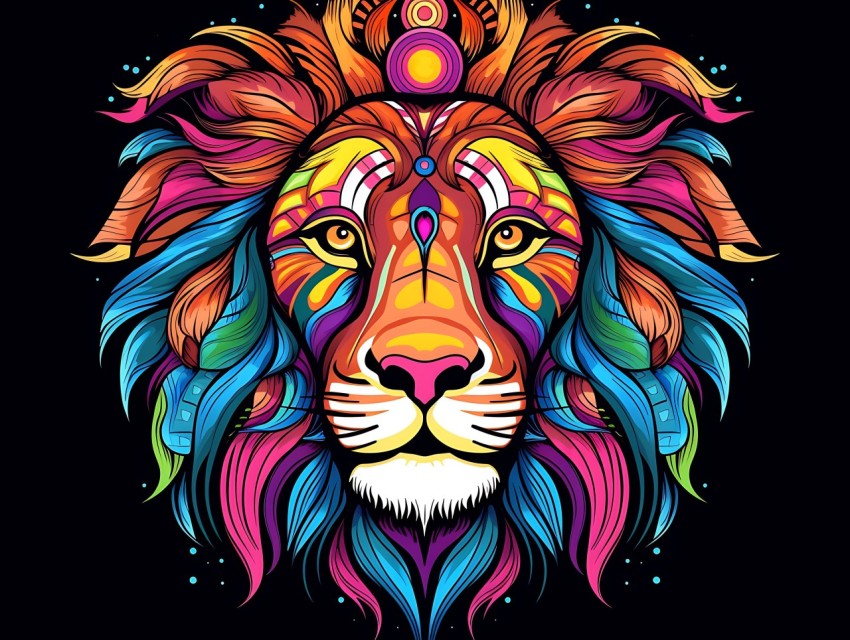 Colorful Lion Face Head Vivid Colors Pop Art Vector Illustrations Black Background (361)