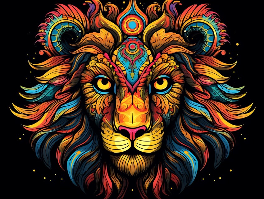 Colorful Lion Face Head Vivid Colors Pop Art Vector Illustrations Black Background (395)