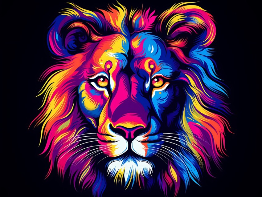 Colorful Lion Face Head Vivid Colors Pop Art Vector Illustrations Black Background (390)