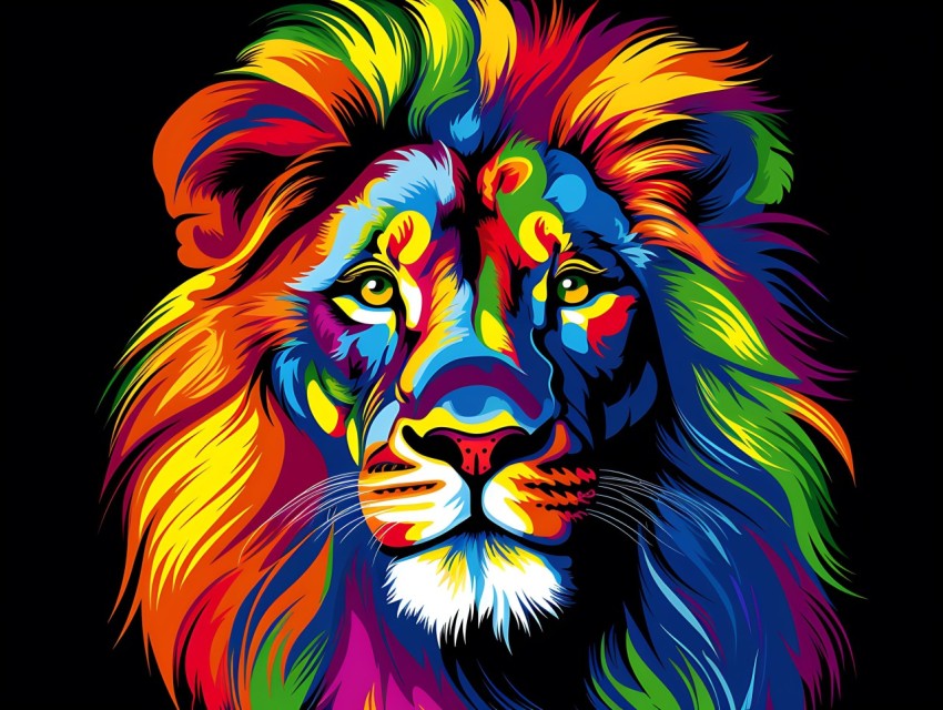 Colorful Lion Face Head Vivid Colors Pop Art Vector Illustrations Black Background (379)