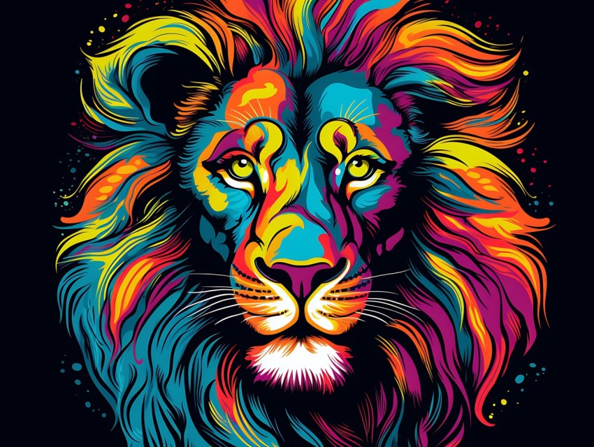 Colorful Lion Face Head Vivid Colors Pop Art Vector Illustrations Black Background (362)
