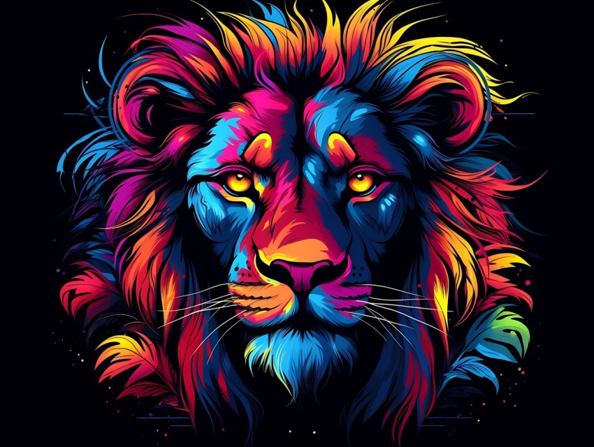 Colorful Lion Face Head Vivid Colors Pop Art Vector Illustrations Black Background (369)