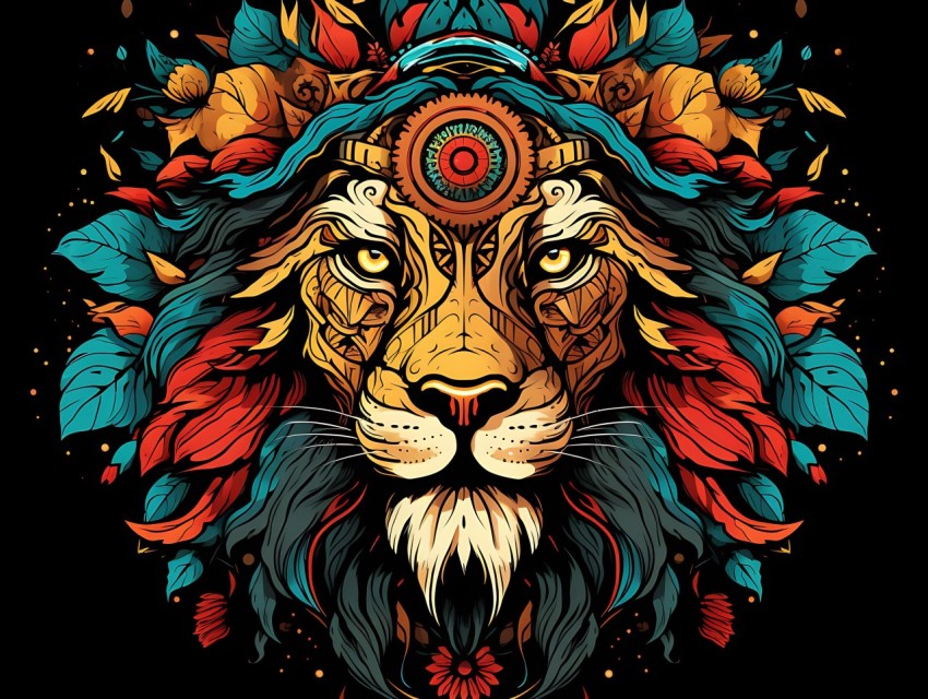 Colorful Lion Face Head Vivid Colors Pop Art Vector Illustrations Black Background (371)