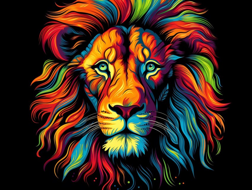 Colorful Lion Face Head Vivid Colors Pop Art Vector Illustrations Black Background (386)