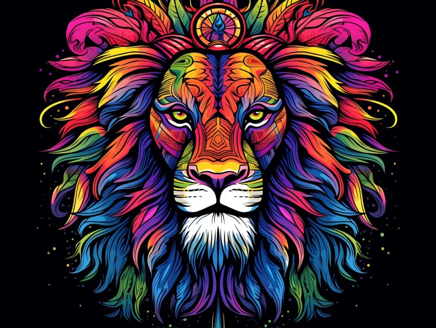Colorful Lion Face Head Vivid Colors Pop Art Vector Illustrations Black Background (373)