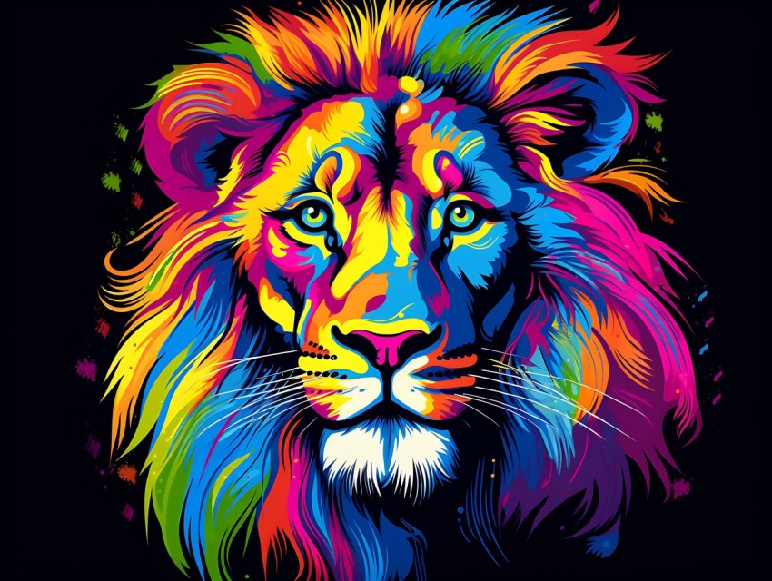 Colorful Lion Face Head Vivid Colors Pop Art Vector Illustrations Black Background (400)
