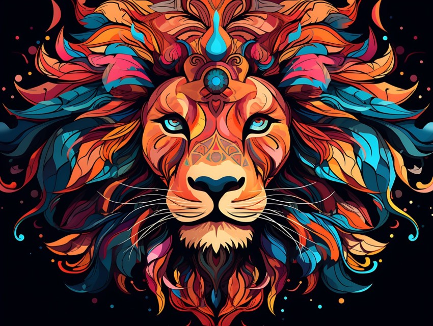 Colorful Lion Face Head Vivid Colors Pop Art Vector Illustrations Black Background (363)