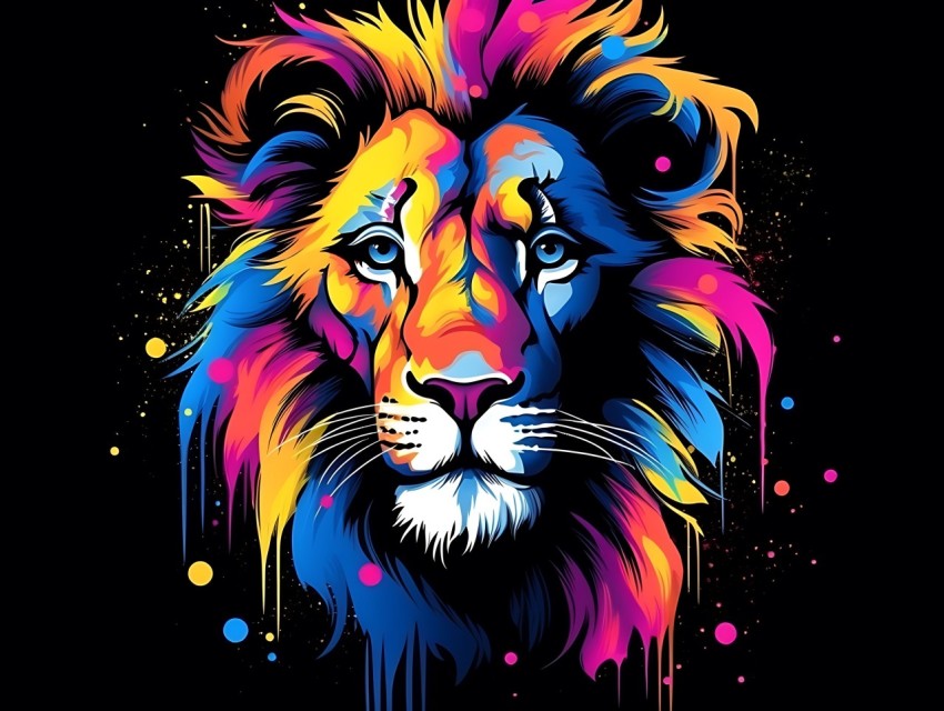 Colorful Lion Face Head Vivid Colors Pop Art Vector Illustrations Black Background (419)