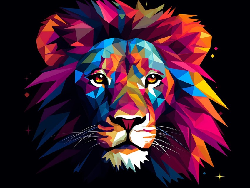 Colorful Lion Face Head Vivid Colors Pop Art Vector Illustrations Black Background (427)