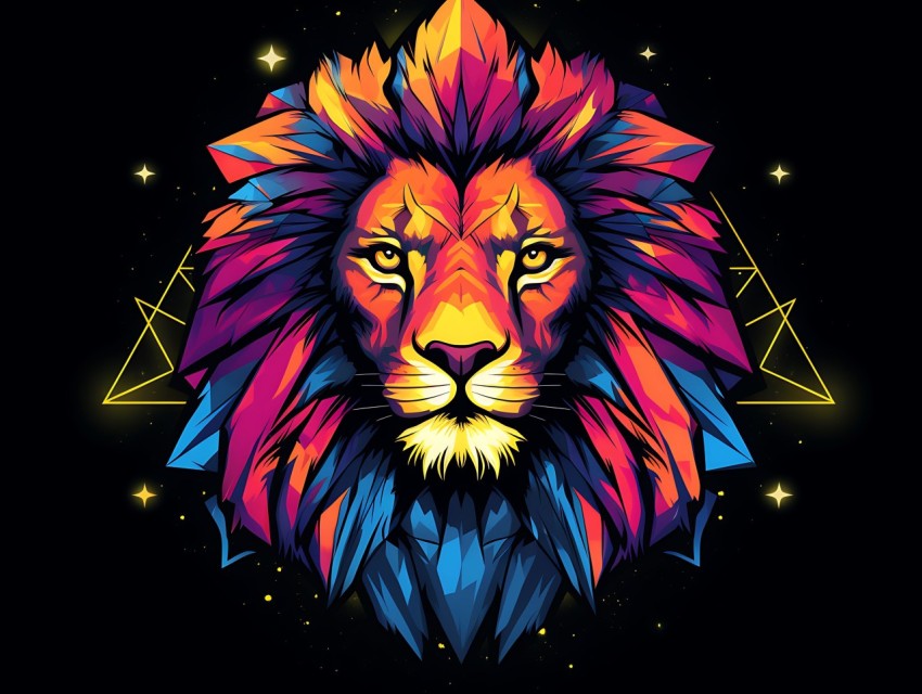 Colorful Lion Face Head Vivid Colors Pop Art Vector Illustrations Black Background (441)