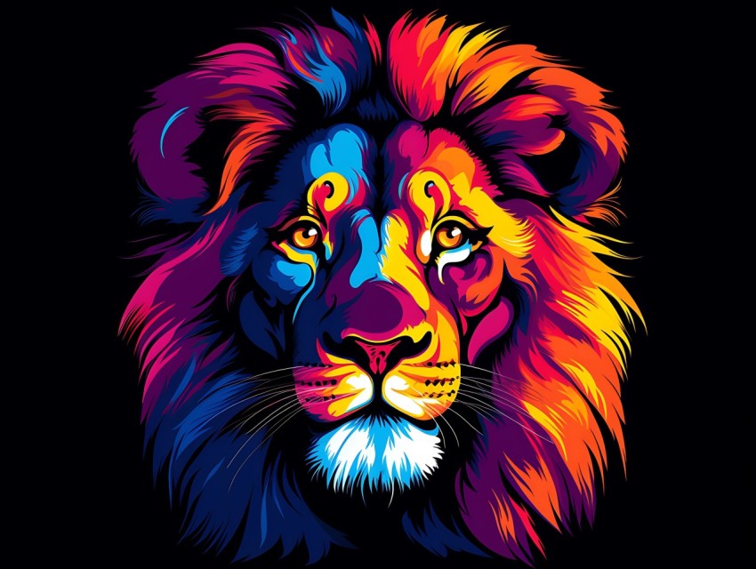 Colorful Lion Face Head Vivid Colors Pop Art Vector Illustrations Black Background (442)