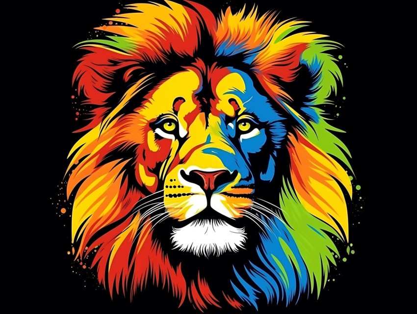 Colorful Lion Face Head Vivid Colors Pop Art Vector Illustrations Black Background (435)