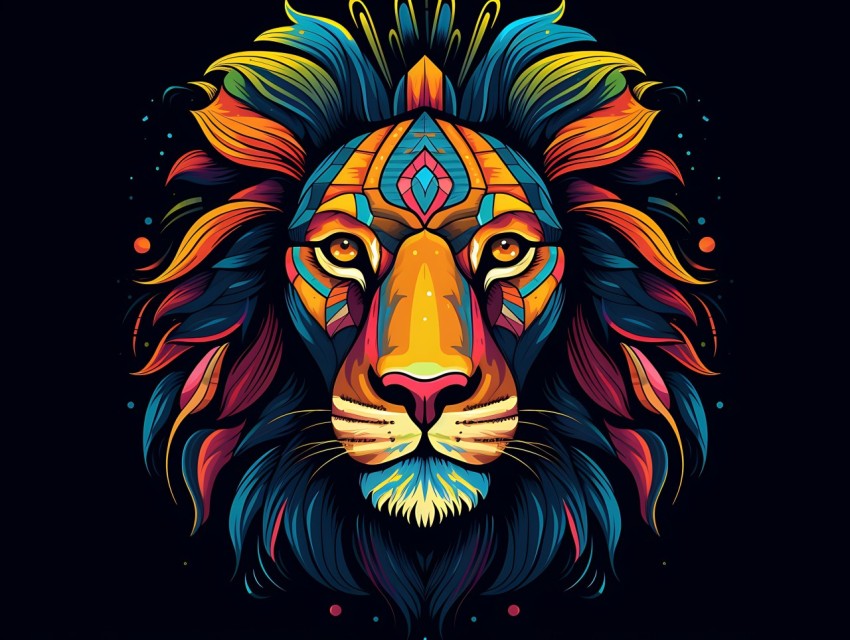 Colorful Lion Face Head Vivid Colors Pop Art Vector Illustrations Black Background (446)