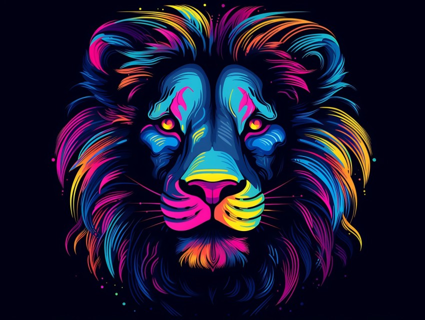 Colorful Lion Face Head Vivid Colors Pop Art Vector Illustrations Black Background (412)