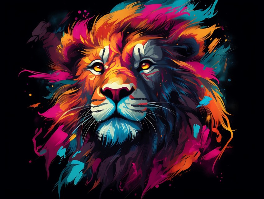 Colorful Lion Face Head Vivid Colors Pop Art Vector Illustrations Black Background (434)