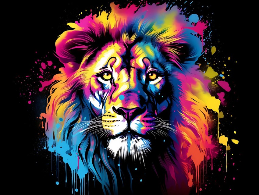 Colorful Lion Face Head Vivid Colors Pop Art Vector Illustrations Black Background (403)
