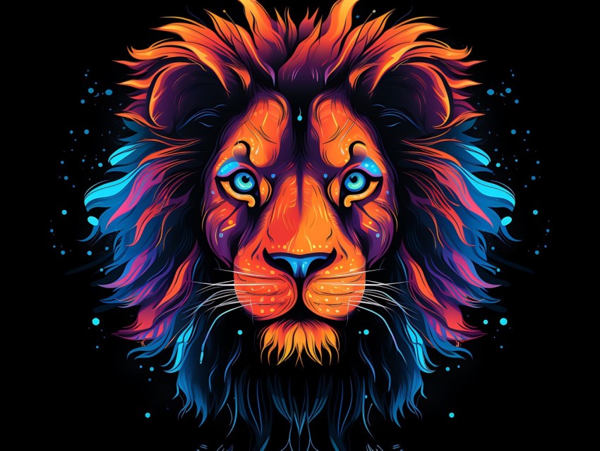Colorful Lion Face Head Vivid Colors Pop Art Vector Illustrations Black Background (445)