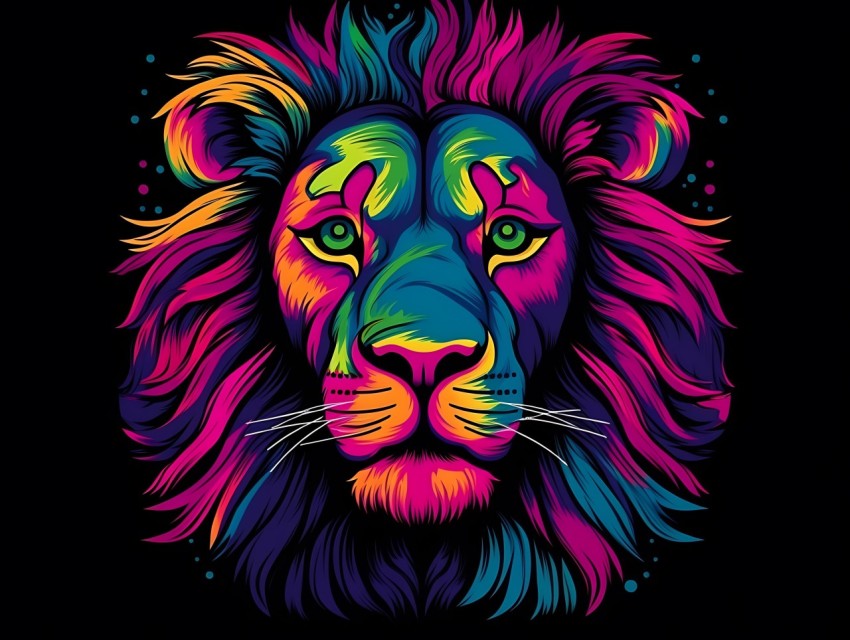 Colorful Lion Face Head Vivid Colors Pop Art Vector Illustrations Black Background (423)