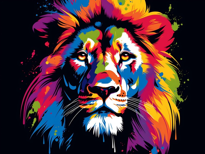 Colorful Lion Face Head Vivid Colors Pop Art Vector Illustrations Black Background (432)