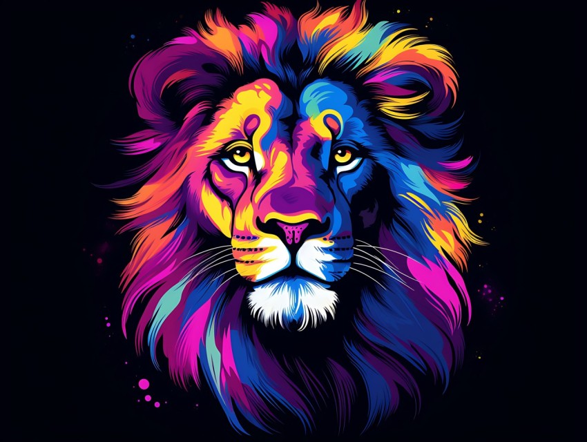 Colorful Lion Face Head Vivid Colors Pop Art Vector Illustrations Black Background (413)