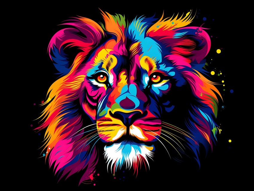 Colorful Lion Face Head Vivid Colors Pop Art Vector Illustrations Black Background (424)