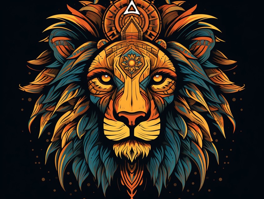 Colorful Lion Face Head Vivid Colors Pop Art Vector Illustrations Black Background (404)