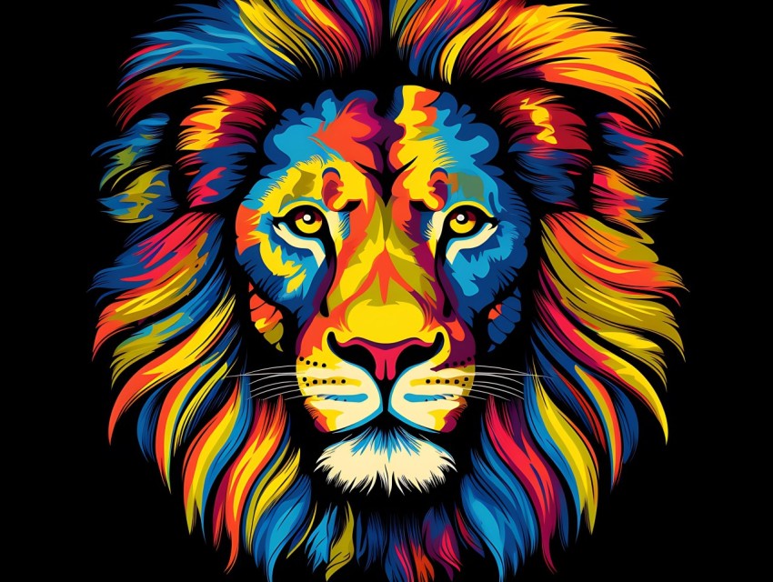 Colorful Lion Face Head Vivid Colors Pop Art Vector Illustrations Black Background (401)
