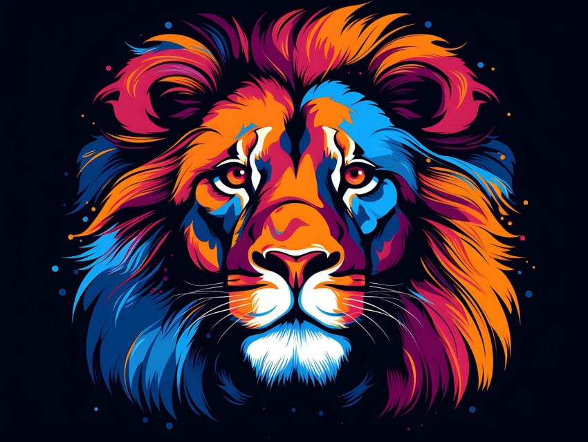 Colorful Lion Face Head Vivid Colors Pop Art Vector Illustrations Black Background (416)