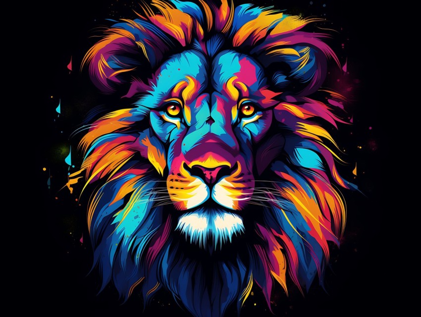 Colorful Lion Face Head Vivid Colors Pop Art Vector Illustrations Black Background (437)