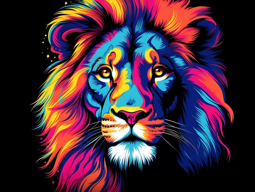 Colorful Lion Face Head Vivid Colors Pop Art Vector Illustrations Black Background (410)