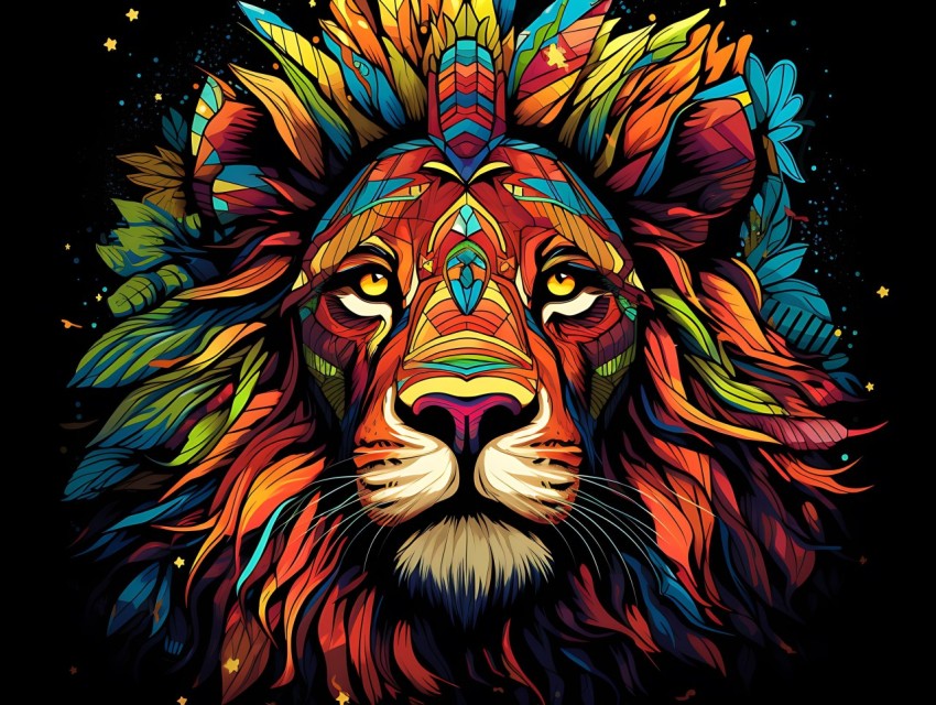 Colorful Lion Face Head Vivid Colors Pop Art Vector Illustrations Black Background (430)