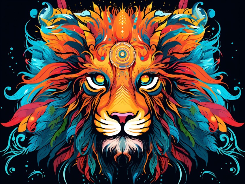 Colorful Lion Face Head Vivid Colors Pop Art Vector Illustrations Black Background (422)