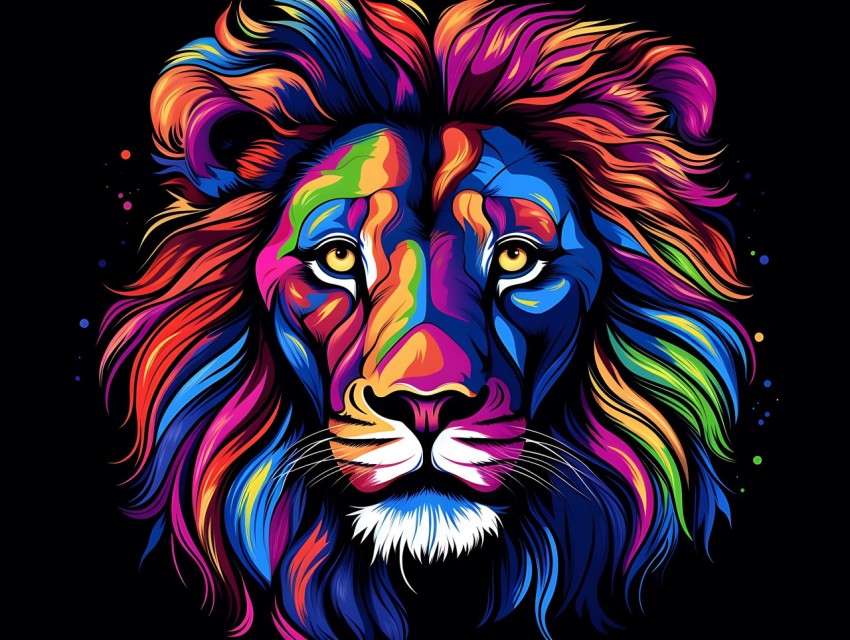 Colorful Lion Face Head Vivid Colors Pop Art Vector Illustrations Black Background (411)