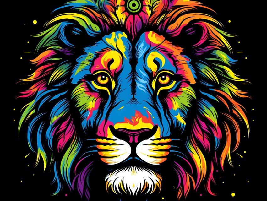 Colorful Lion Face Head Vivid Colors Pop Art Vector Illustrations Black Background (426)