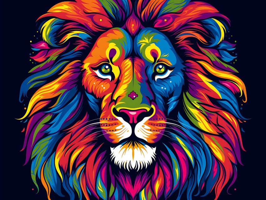 Colorful Lion Face Head Vivid Colors Pop Art Vector Illustrations Black Background (439)
