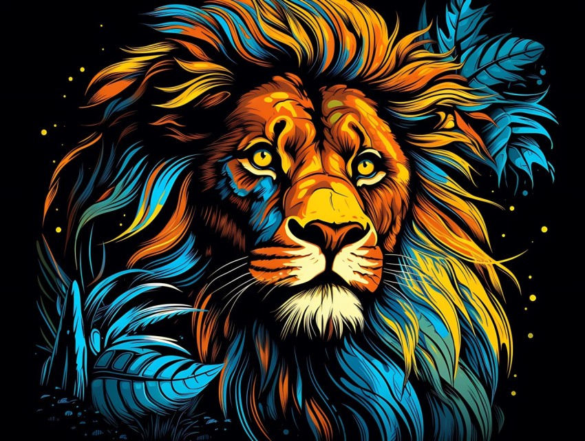 Colorful Lion Face Head Vivid Colors Pop Art Vector Illustrations Black Background (431)