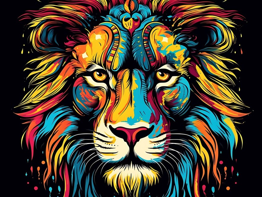 Colorful Lion Face Head Vivid Colors Pop Art Vector Illustrations Black Background (450)