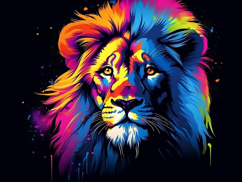 Colorful Lion Face Head Vivid Colors Pop Art Vector Illustrations Black Background (472)