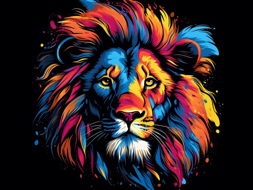 Colorful Lion Face Head Vivid Colors Pop Art Vector Illustrations Black Background (484)