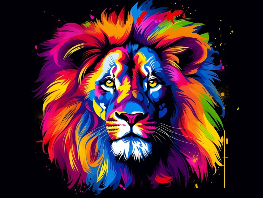 Colorful Lion Face Head Vivid Colors Pop Art Vector Illustrations Black Background (482)